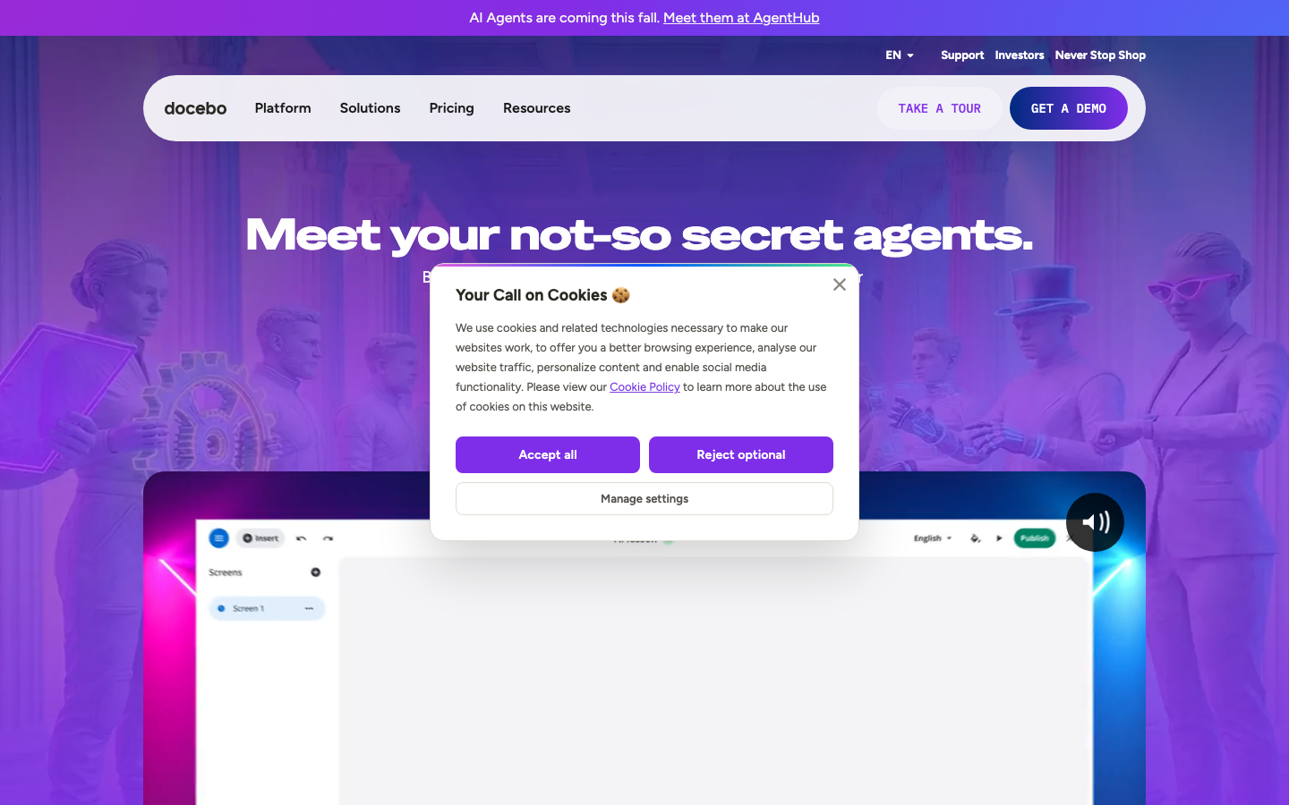 Docebo LMS homepage showing AI-powered learning personalization and enterprise training features