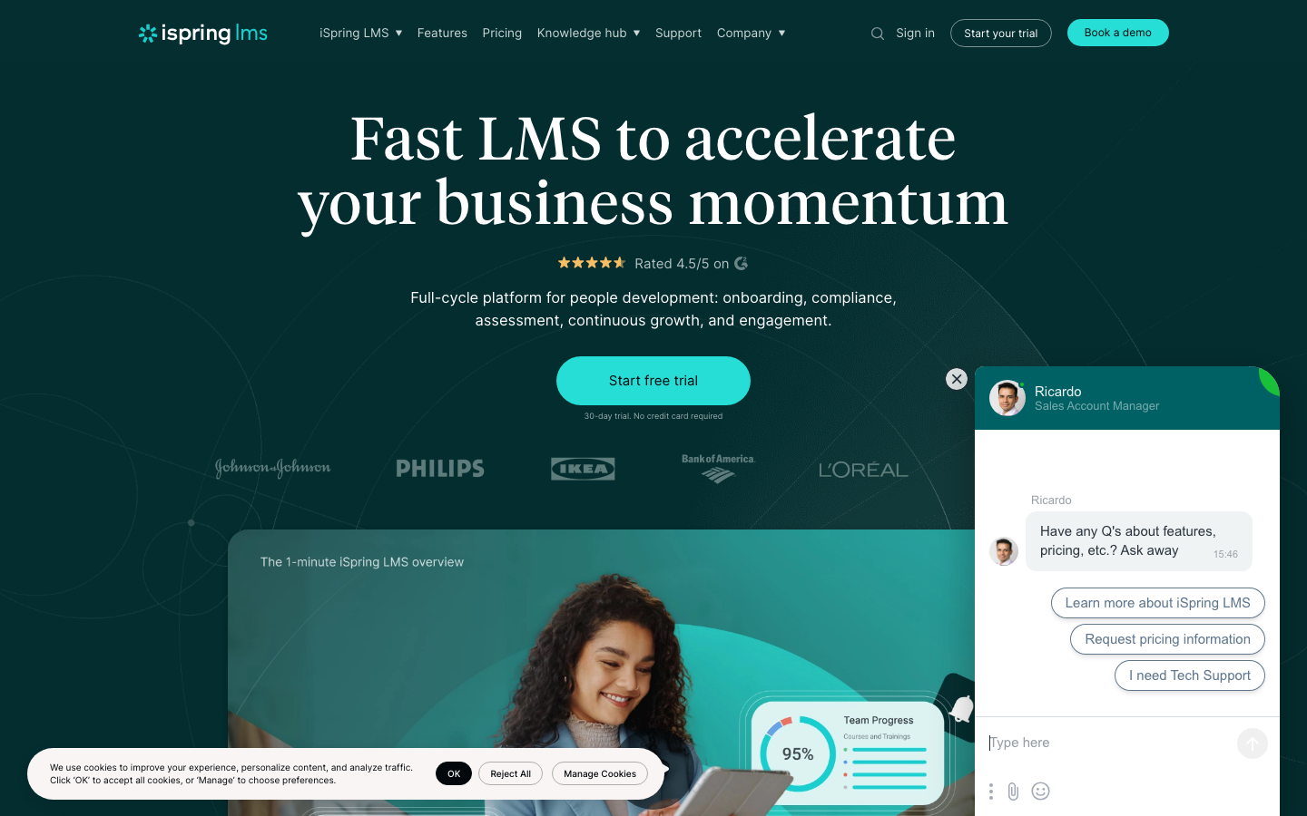 iSpring Learn LMS homepage showing PowerPoint conversion and mobile training features