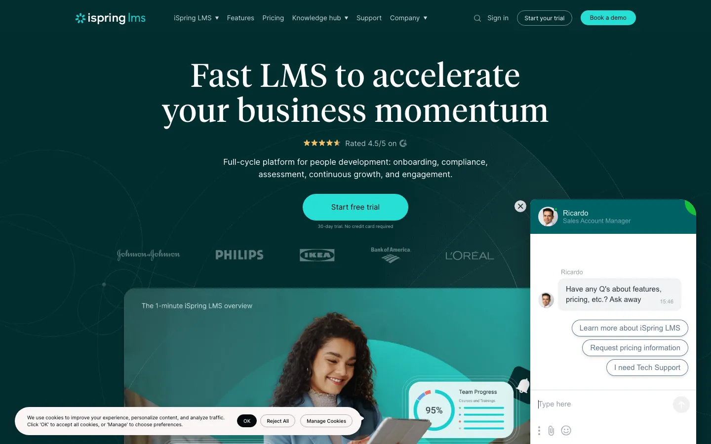 iSpring Learn LMS homepage showing PowerPoint conversion and mobile training features