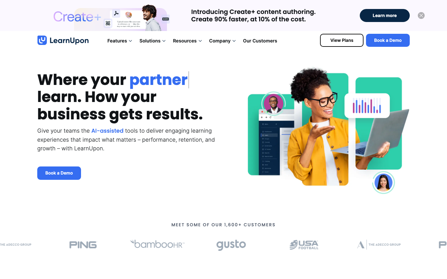 LearnUpon LMS homepage showing multi-audience training for employees, customers, and partners