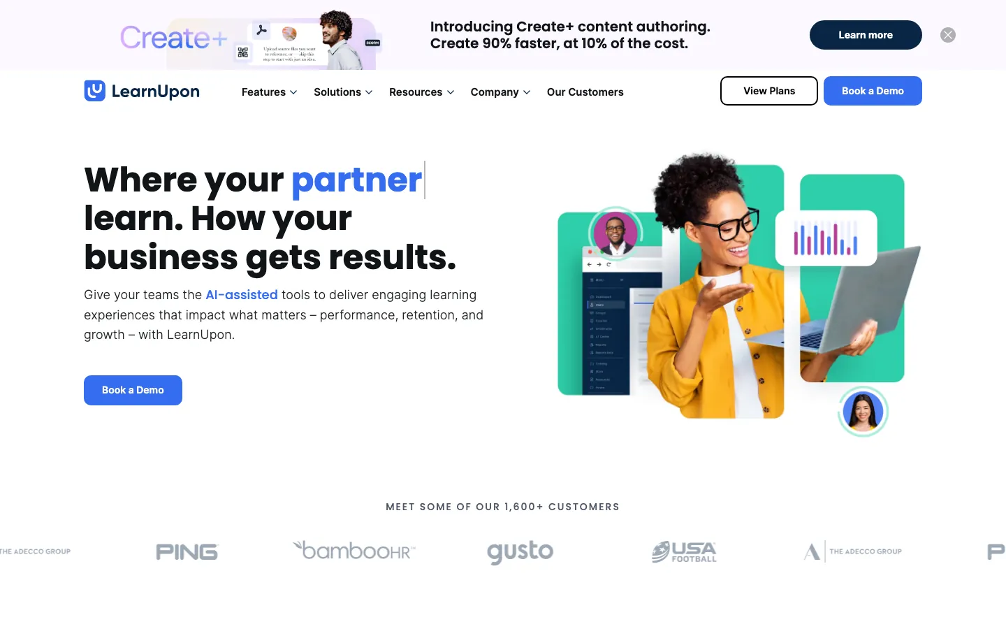 LearnUpon LMS homepage showing multi-audience training for employees, customers, and partners