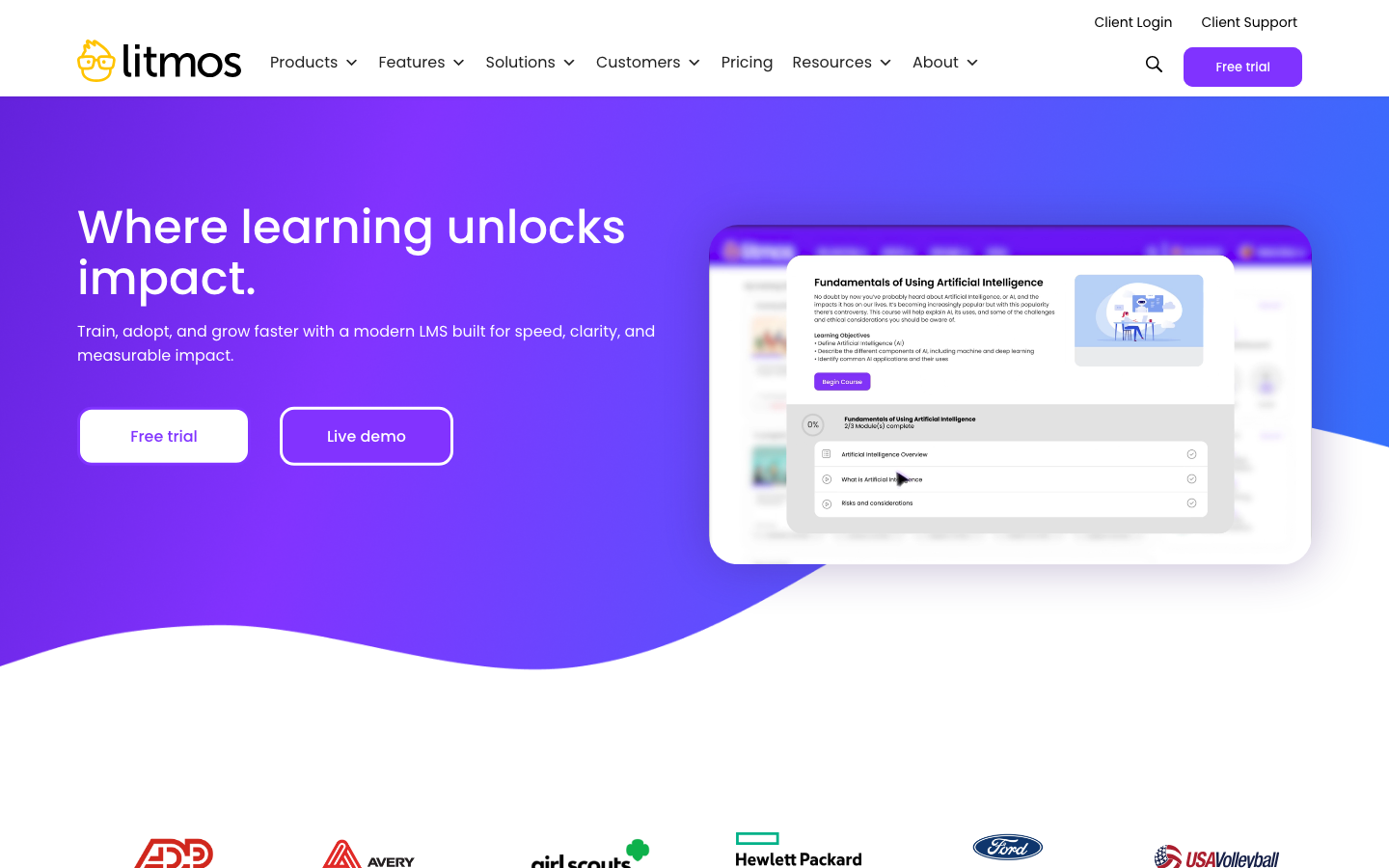 SAP Litmos LMS homepage showing compliance training, course library, and gamification features