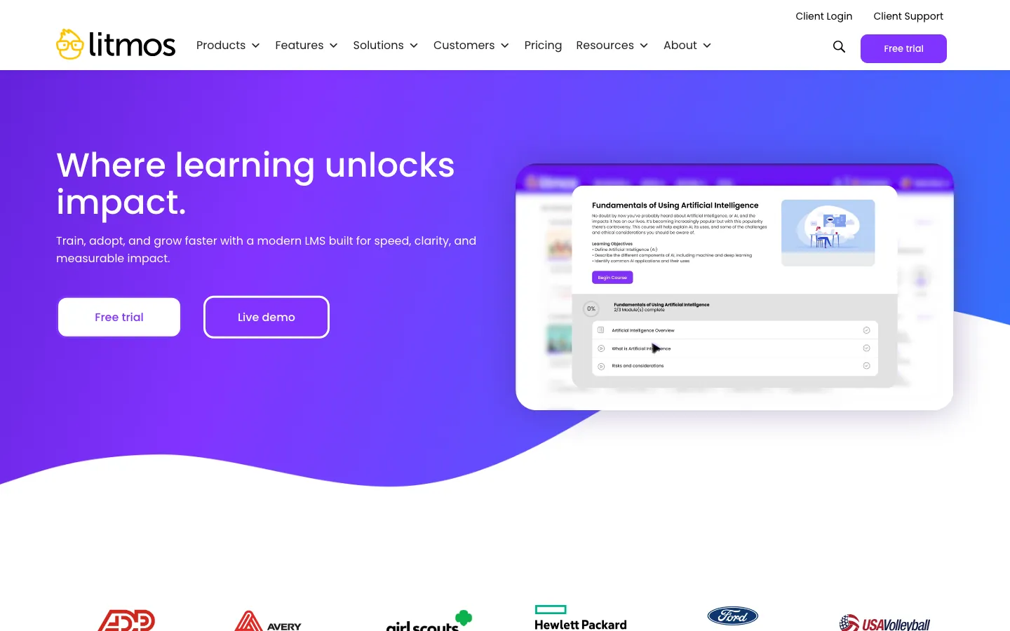 SAP Litmos LMS homepage showing compliance training, course library, and gamification features