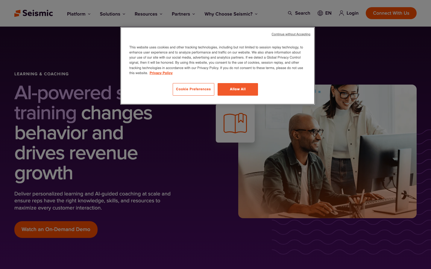 Seismic Learning sales enablement training platform showing coaching workflows and readiness scoring