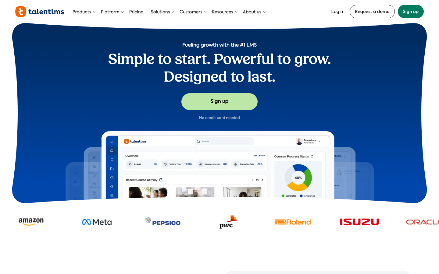 TalentLMS homepage showing course library, learner dashboard, and gamification features