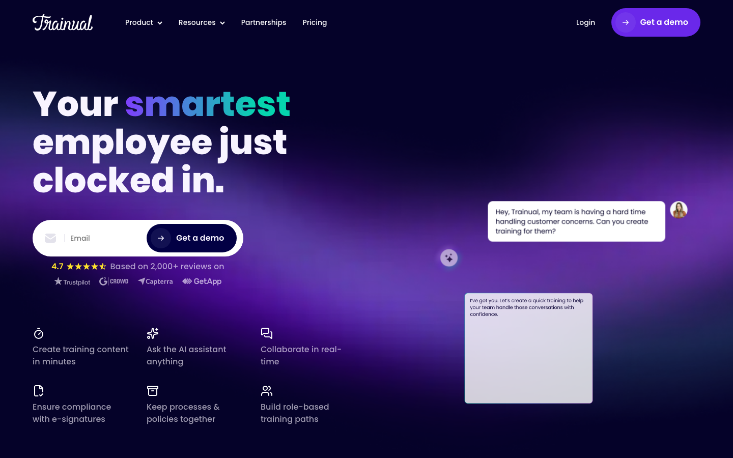 Trainual homepage showing SOP documentation and role-based onboarding training platform