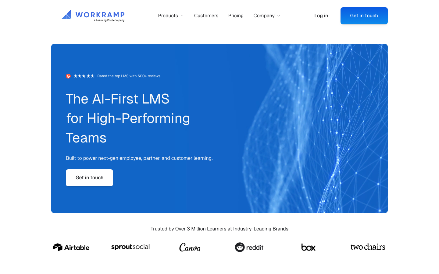 WorkRamp LMS homepage showing sales enablement, onboarding, and customer training features