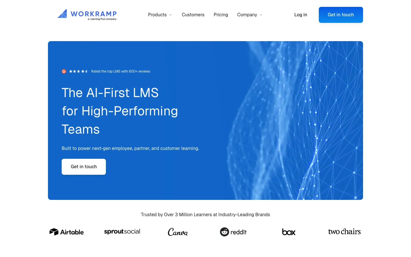 WorkRamp LMS homepage showing sales enablement, onboarding, and customer training features