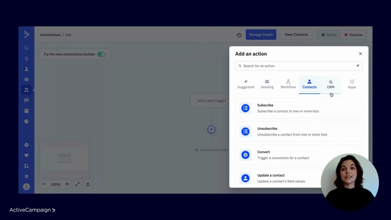 ActiveCampaign campaign results dashboard showing open rates, click rates, and automation performance analytics