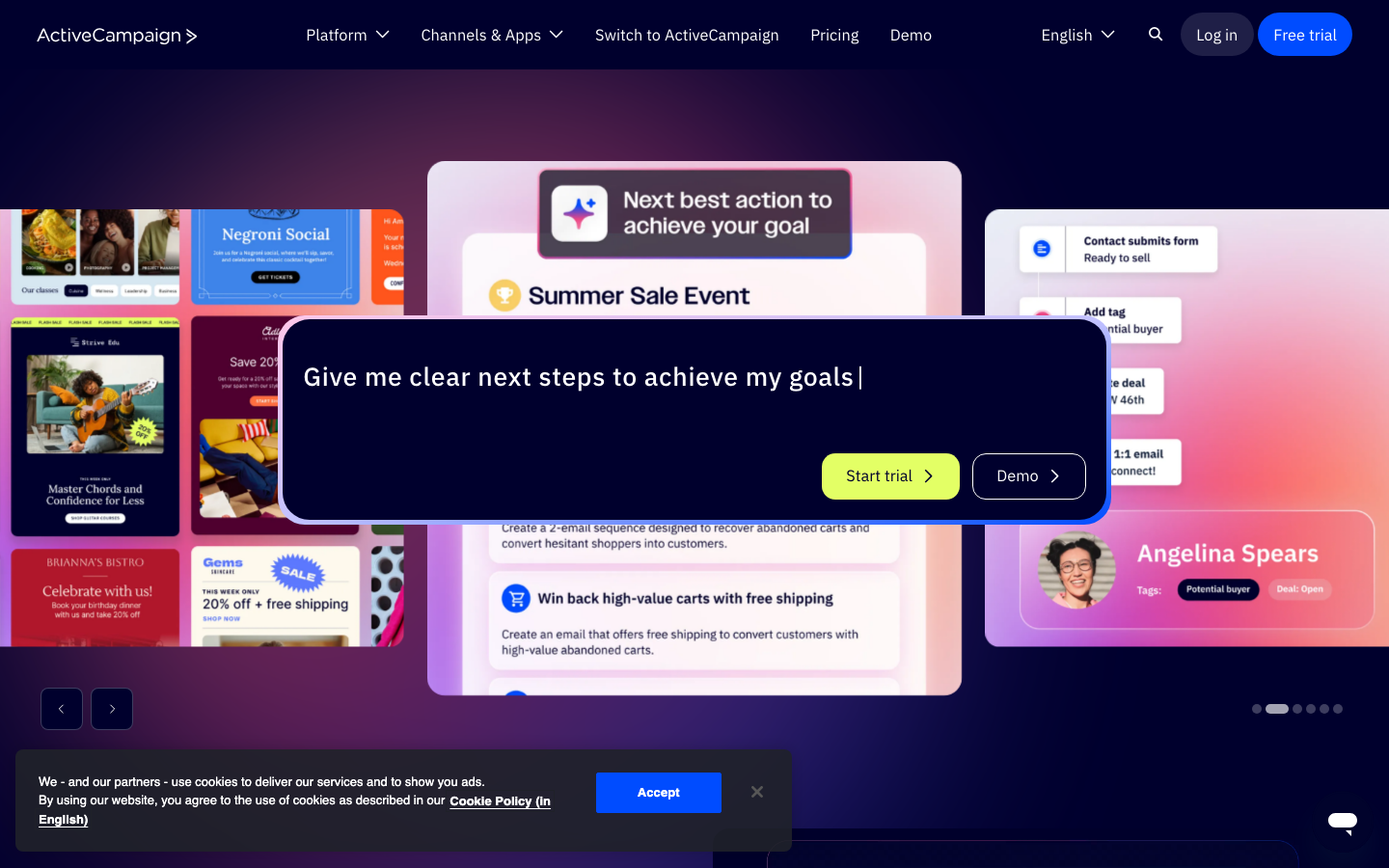 ActiveCampaign homepage showing automation workflow and multi-channel campaign interface