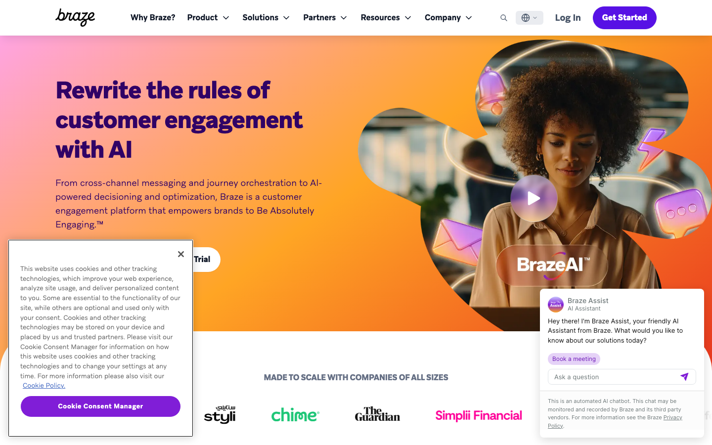 Braze homepage showing customer engagement platform headline with multi-channel campaign dashboard