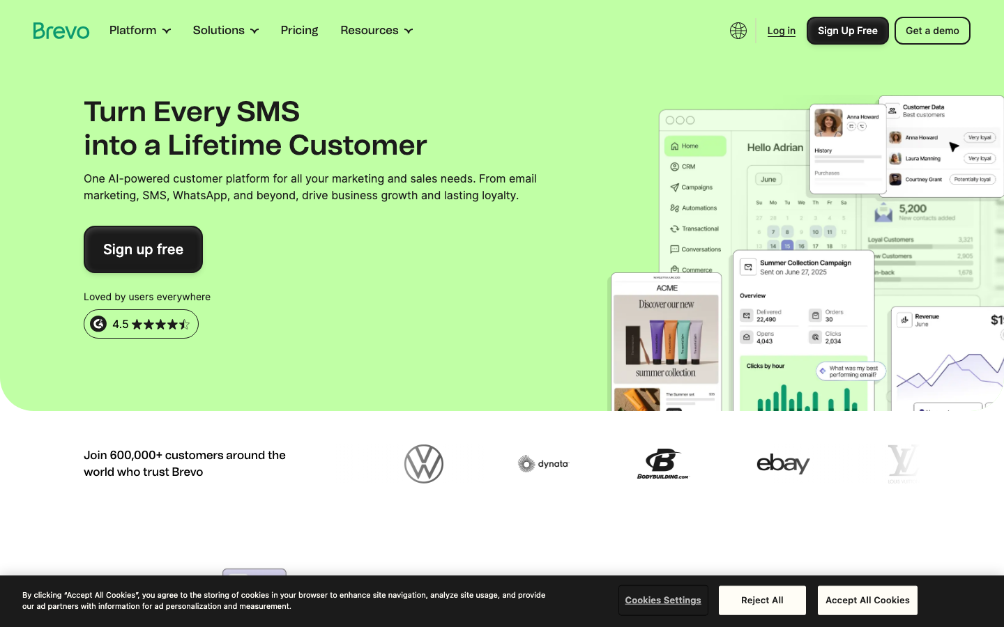 Brevo homepage showing Turn Every SMS into a Lifetime Customer headline with CRM and campaign UI