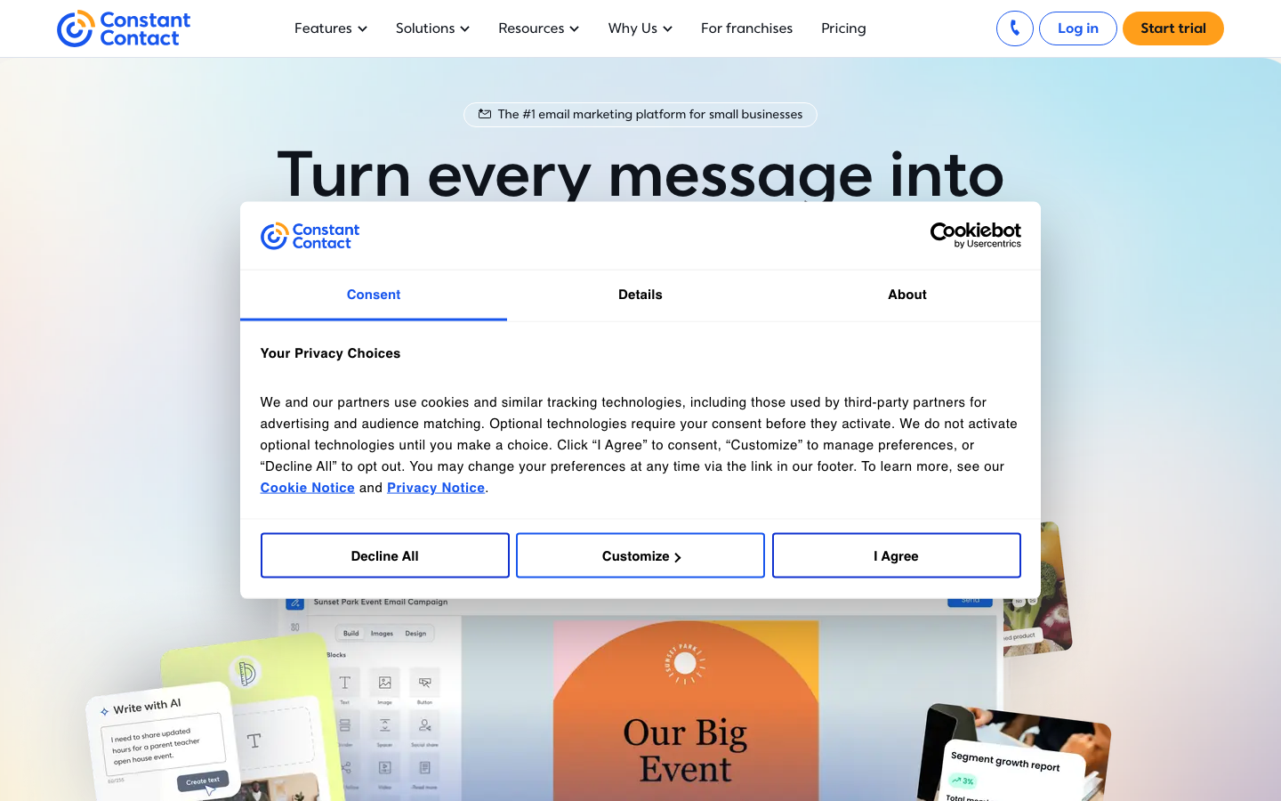 Constant Contact homepage showing email marketing platform for small businesses with campaign builder