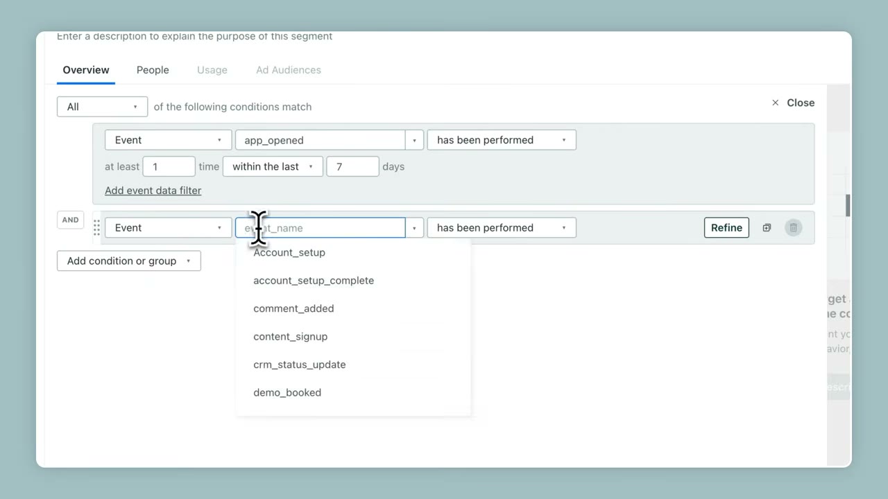 Customer.io visual workflow builder with event triggers, conditional branches, time delays, and multi-channel message actions