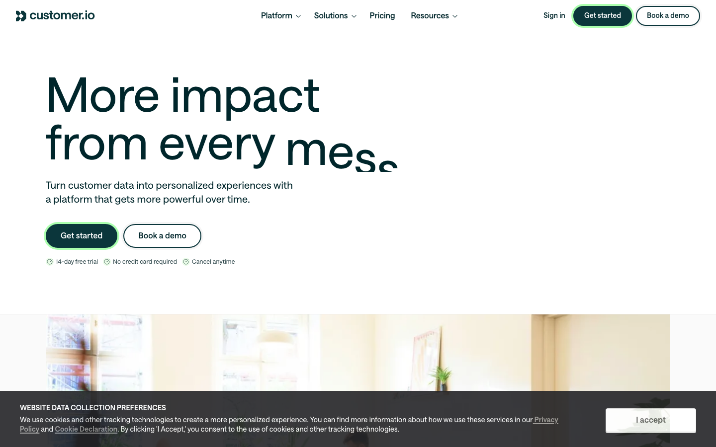 Customer.io homepage with headline More impact from every message and product UI preview