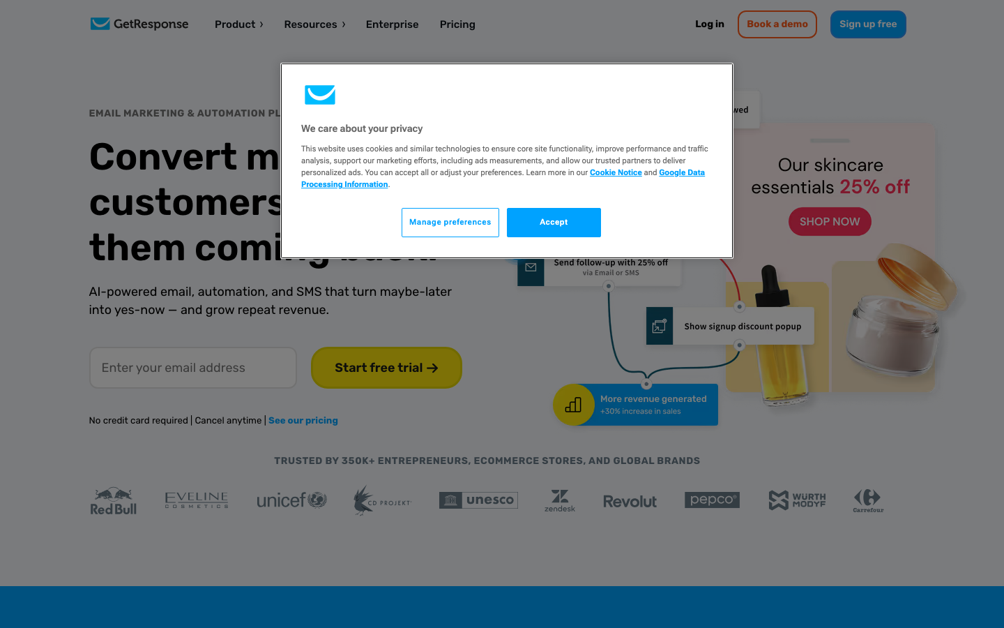 GetResponse homepage showing marketing automation and webinar platform with campaign builder UI
