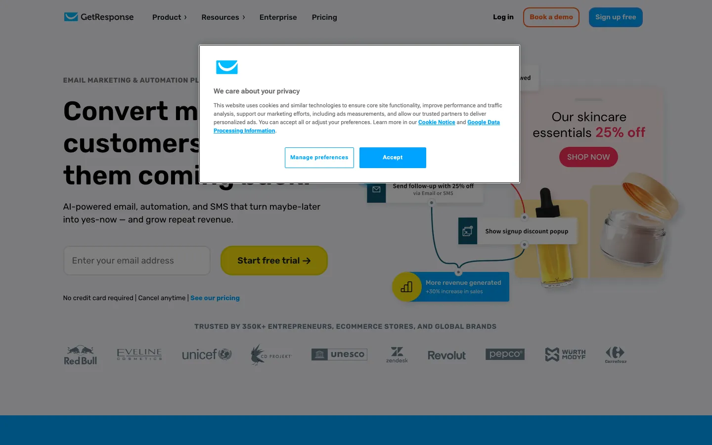 GetResponse homepage showing marketing automation and webinar platform with campaign builder UI