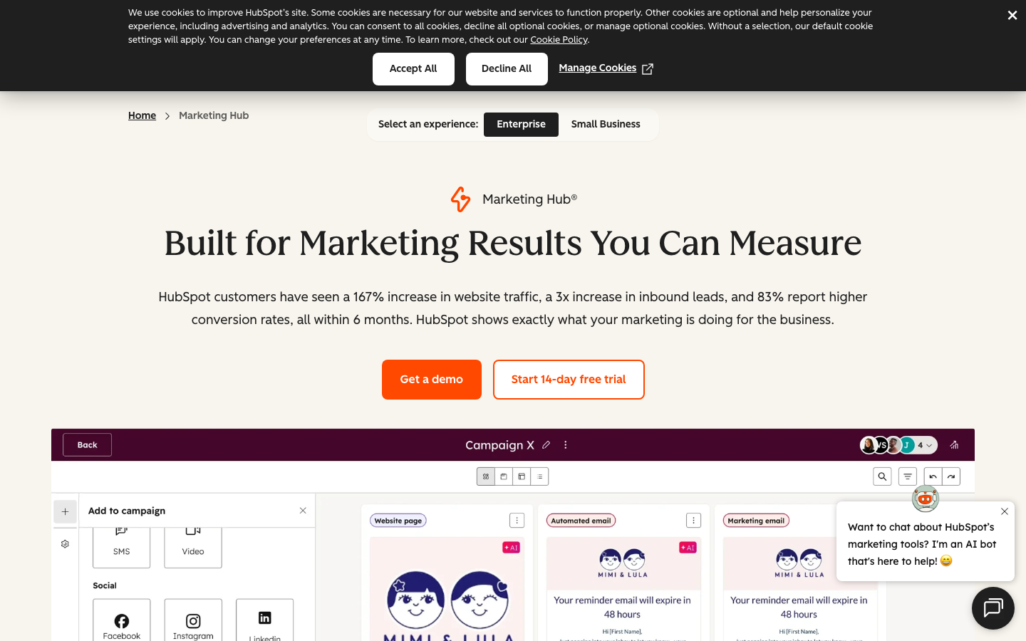 HubSpot Marketing Hub campaign dashboard showing automated workflow builder and lead conversion stats