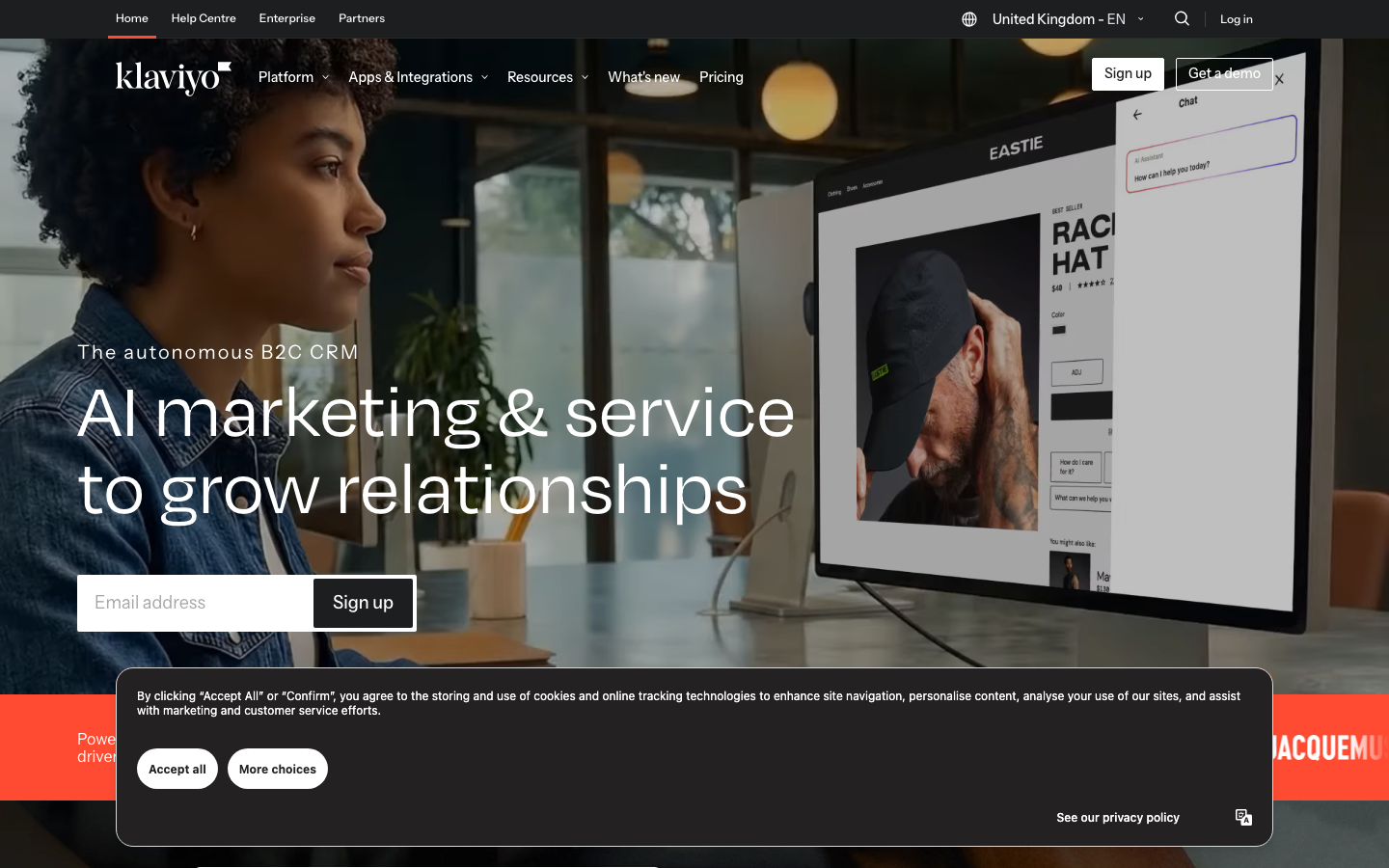Klaviyo homepage showing AI marketing and service to grow relationships headline with product interface