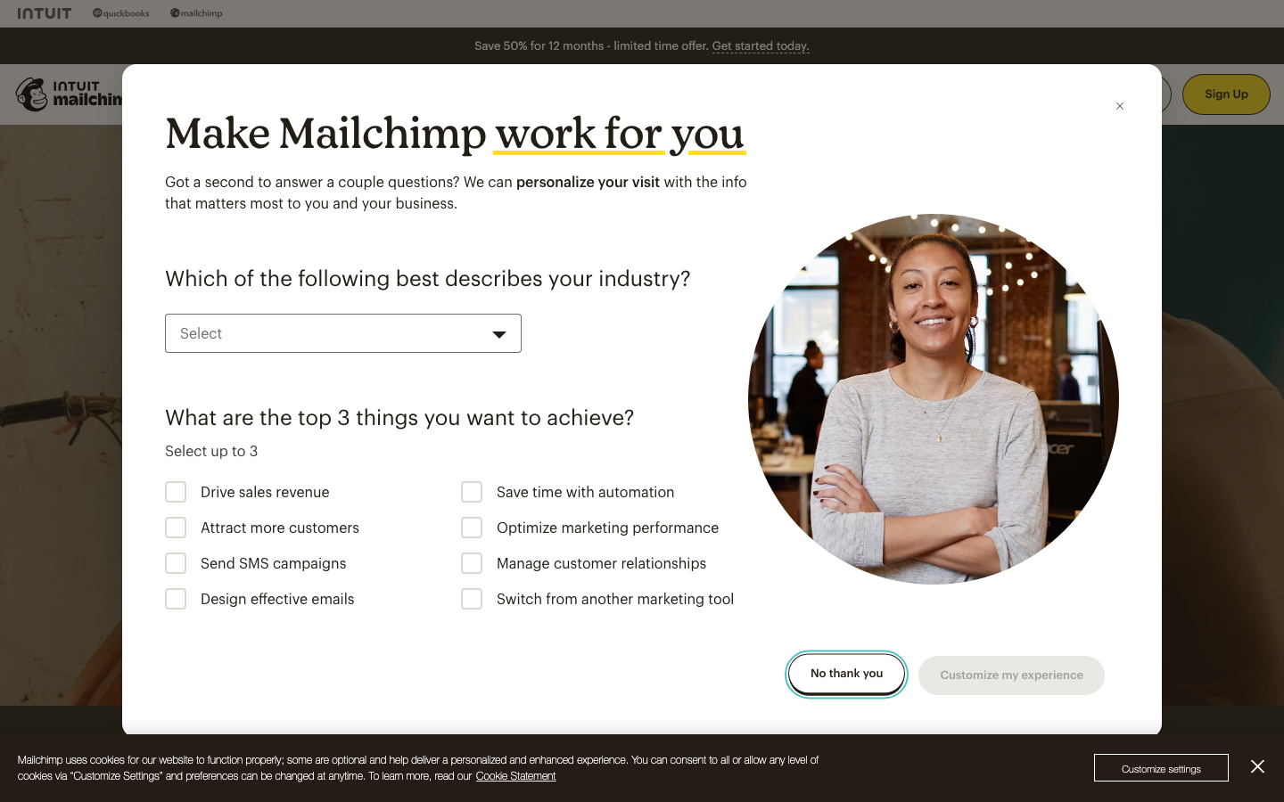 Mailchimp personalization onboarding showing industry selection and goal setup for marketing automation