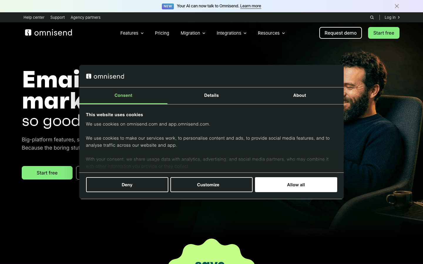 Omnisend homepage showing ecommerce email marketing platform with automation workflow builder