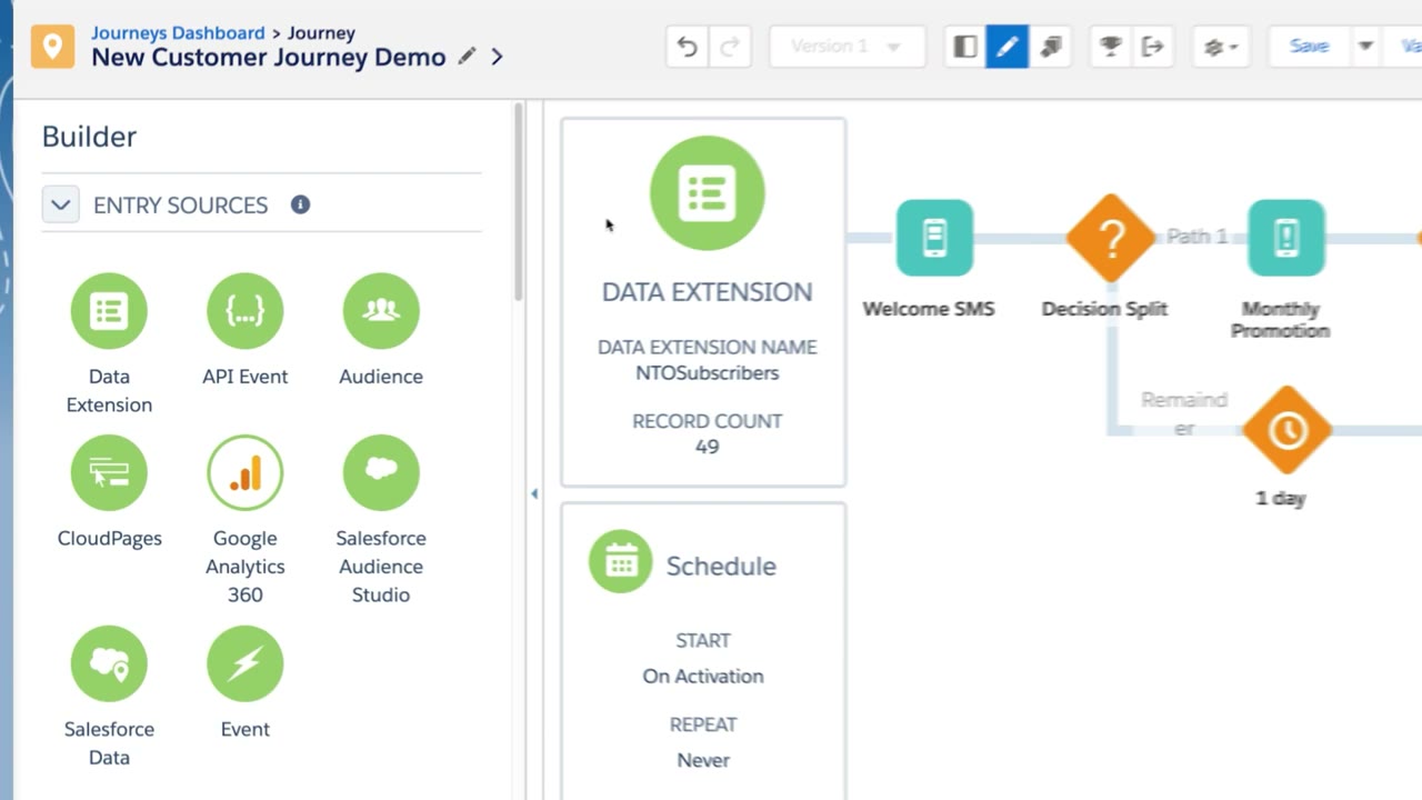 Salesforce Marketing Cloud Account Engagement Engagement Studio showing account-based nurture journey with CRM field triggers and conditional paths