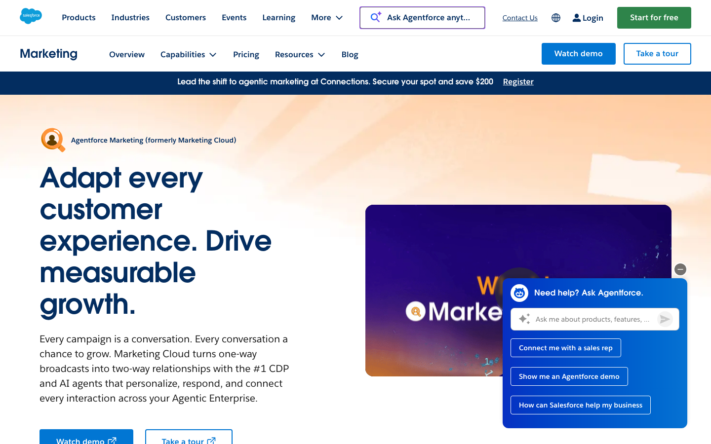 Salesforce Marketing Cloud homepage showing Agentforce Marketing brand and customer experience messaging