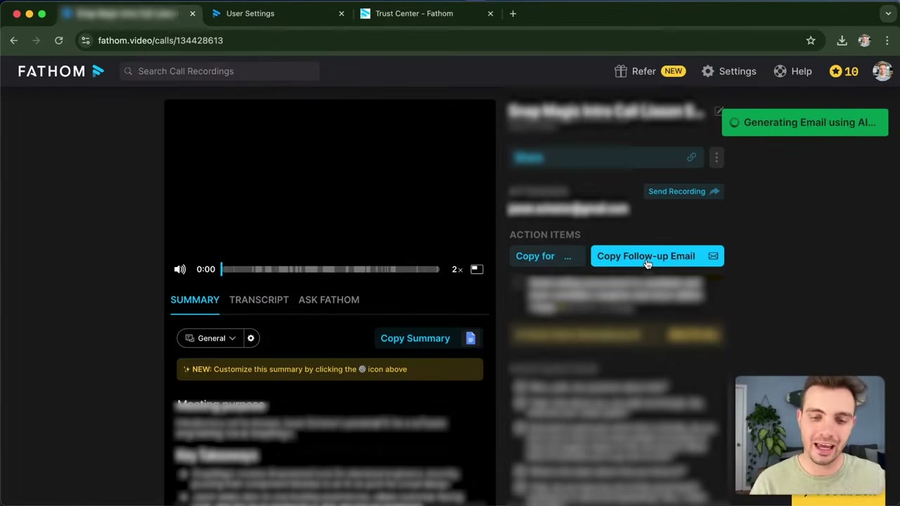 Fathom action item list with assignee tagging, due dates pulled from the meeting transcript, and one-click CRM push button