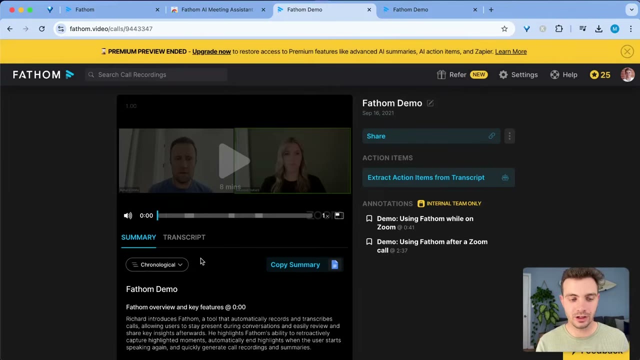 Fathom transcript panel showing speaker-labeled text with highlighted key moments and searchable call history