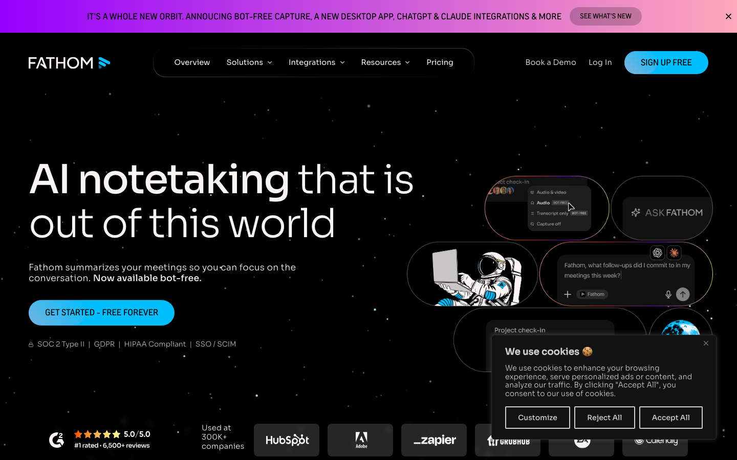 Fathom meeting notes dashboard showing AI summary, action items, and transcript replay