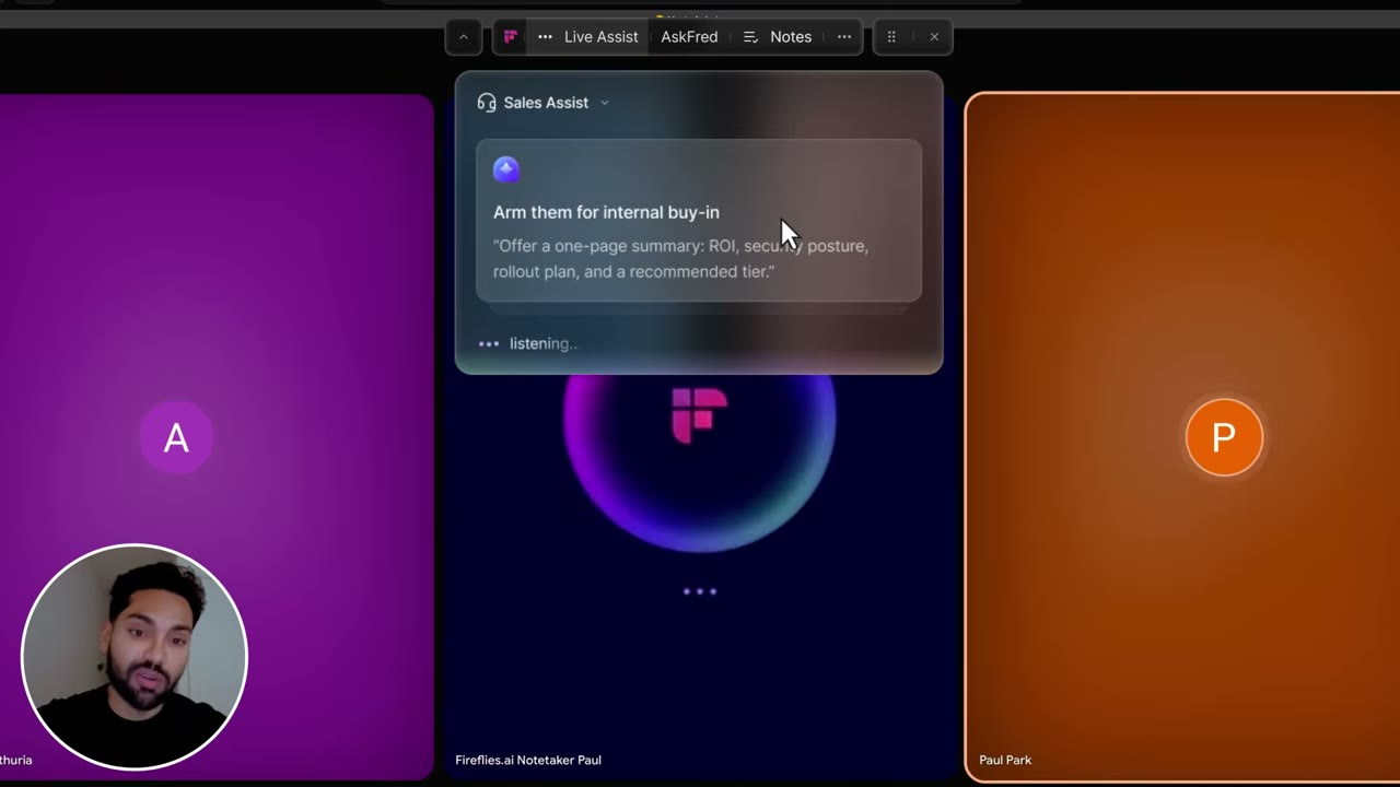 Fireflies.ai transcript view with speaker labels, topic tags, and meeting summary in the right panel
