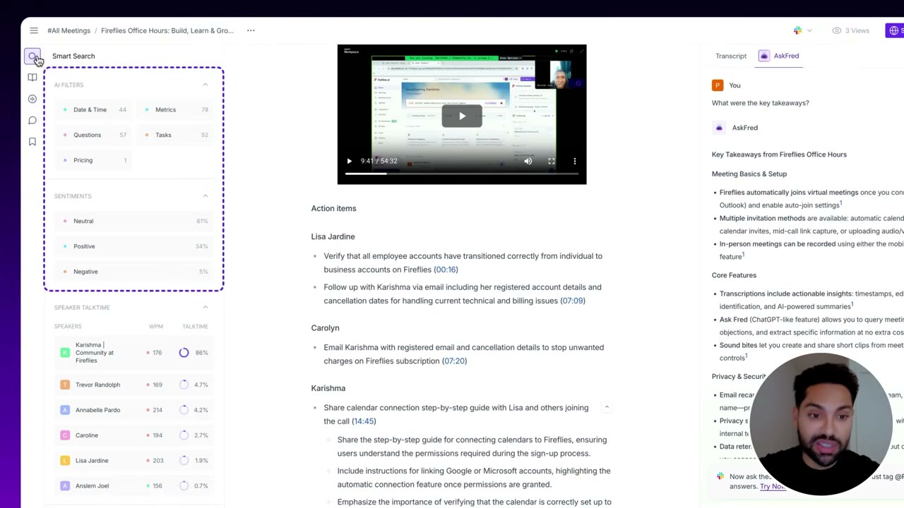 Fireflies.ai CRM integration panel showing a HubSpot deal record with automatic meeting summary and action items pushed