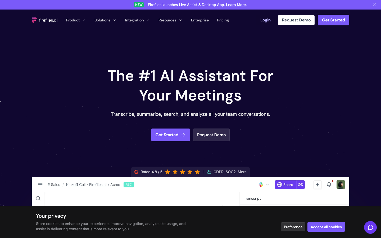 Fireflies.ai dashboard showing meeting transcript, AI summary, and CRM integration panel