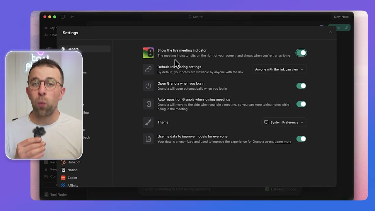 Granola post-call AI enhancement panel showing the original rough notes transformed into full structured meeting notes
