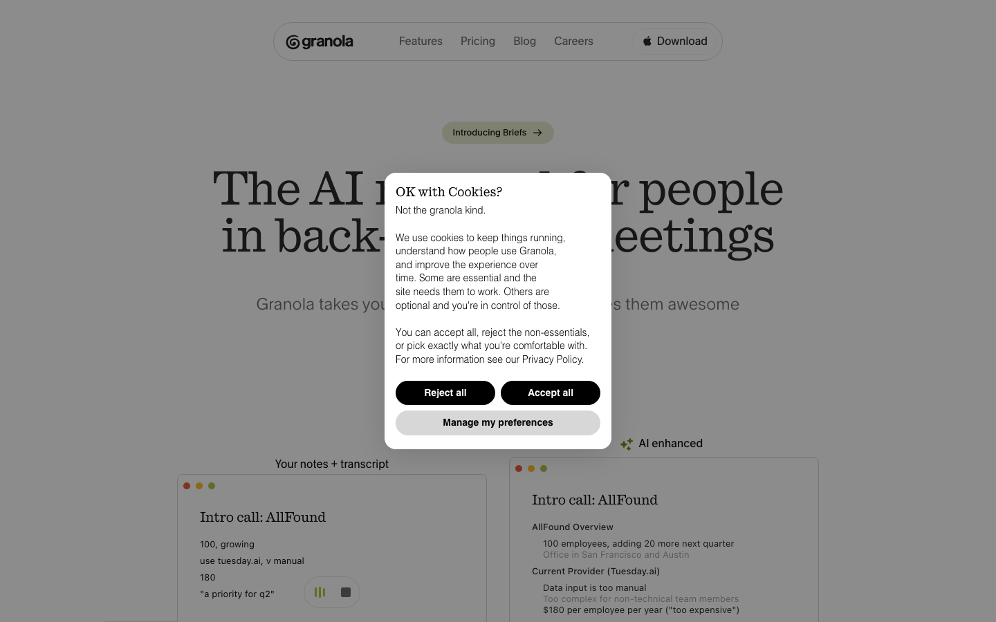 Granola AI notes interface showing hybrid human and AI meeting notes without bot presence