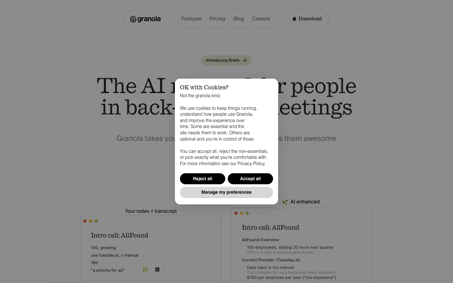 Granola AI notes interface showing hybrid human and AI meeting notes without bot presence