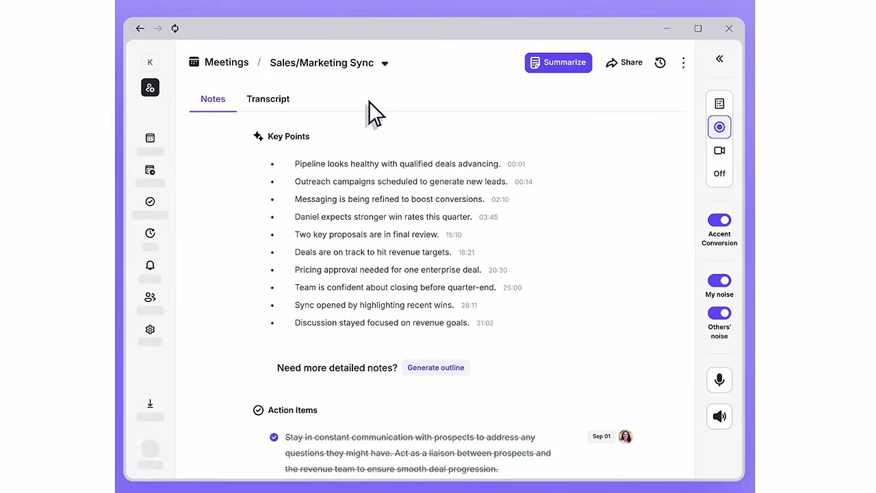 Krisp voice clarity settings showing microphone enhancement, echo removal, and background sound filters active