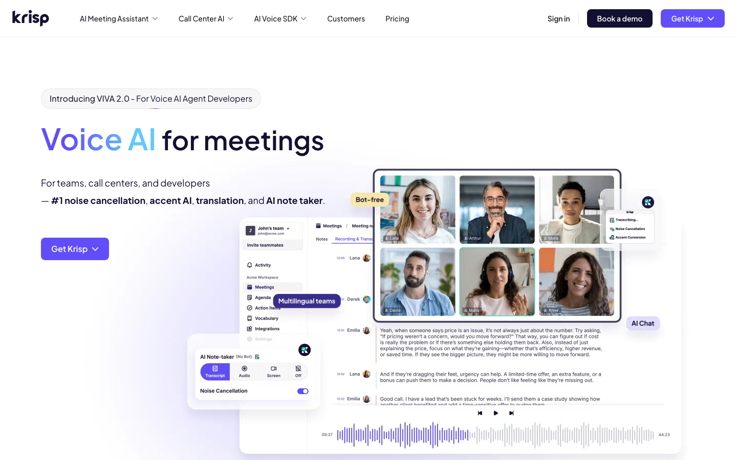Krisp AI interface showing noise cancellation settings and AI meeting notes panel