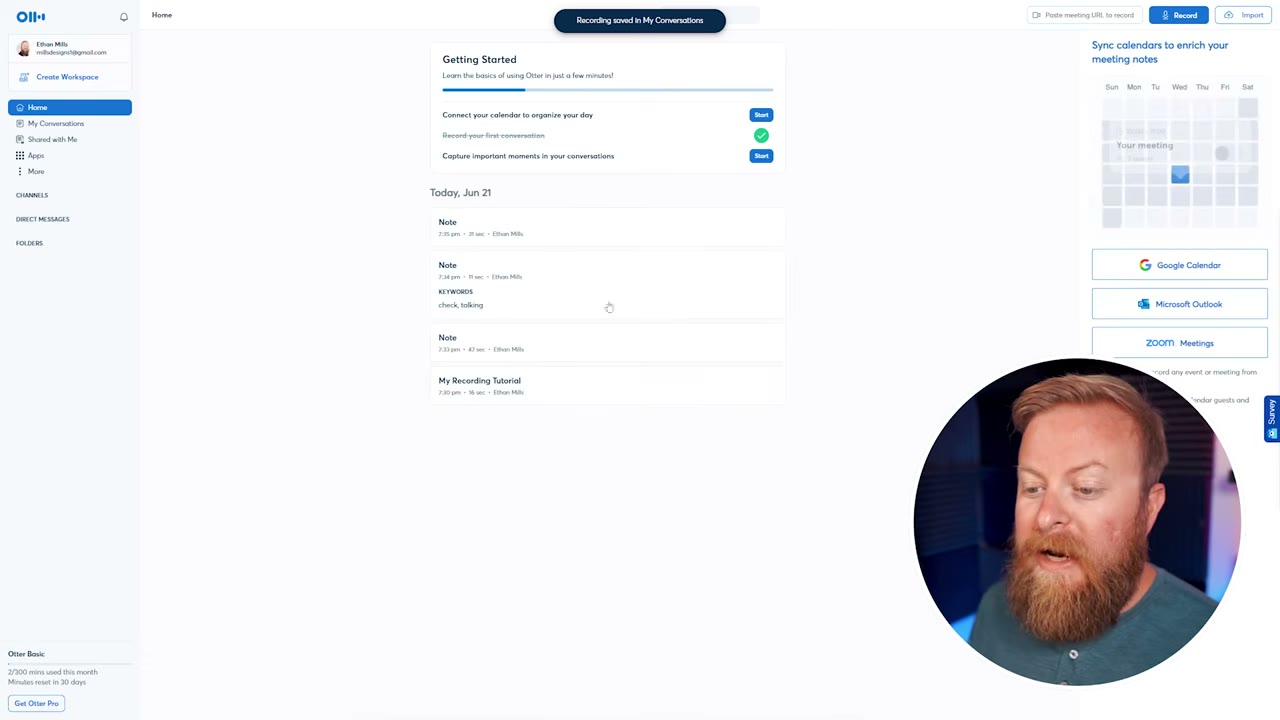 Otter.ai AI summary panel showing a generated meeting overview with key topics and conversation highlights below the transcript