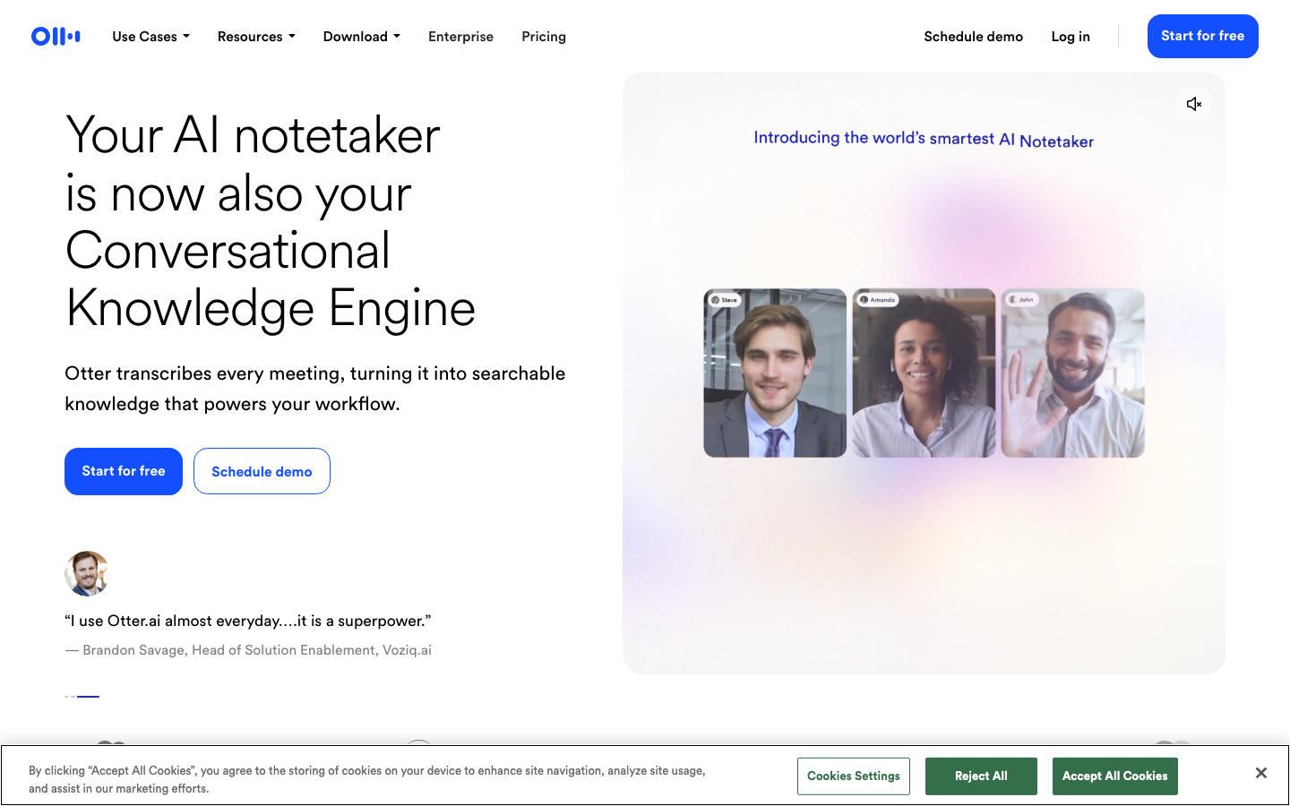 Otter.ai interface showing live transcript with speaker labels and AI chat panel