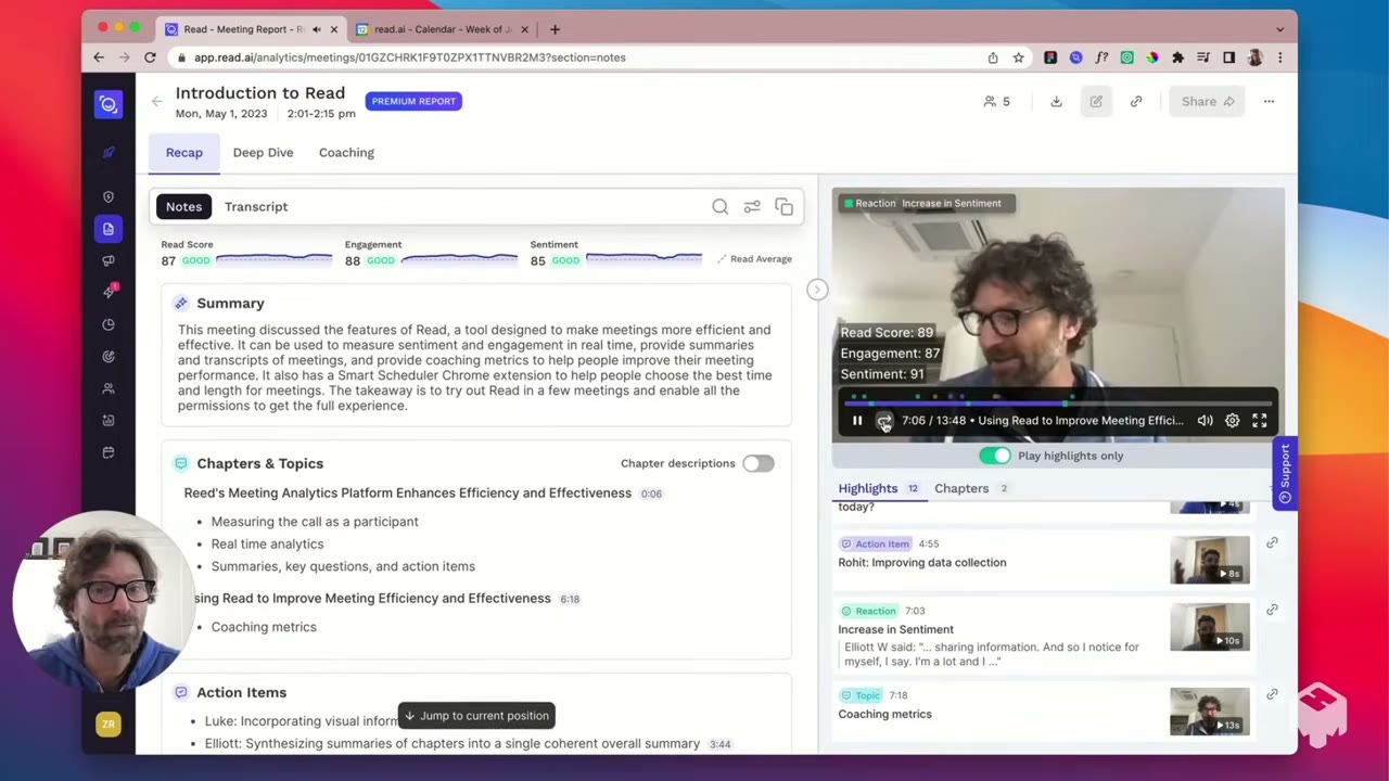 Read AI analytics dashboard with a team meeting health overview, recurring patterns, and recommended coaching prompts