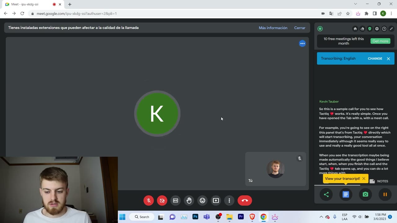 Tactiq live transcript panel showing speaker-labeled text with highlighted key moments and AI-detected action items