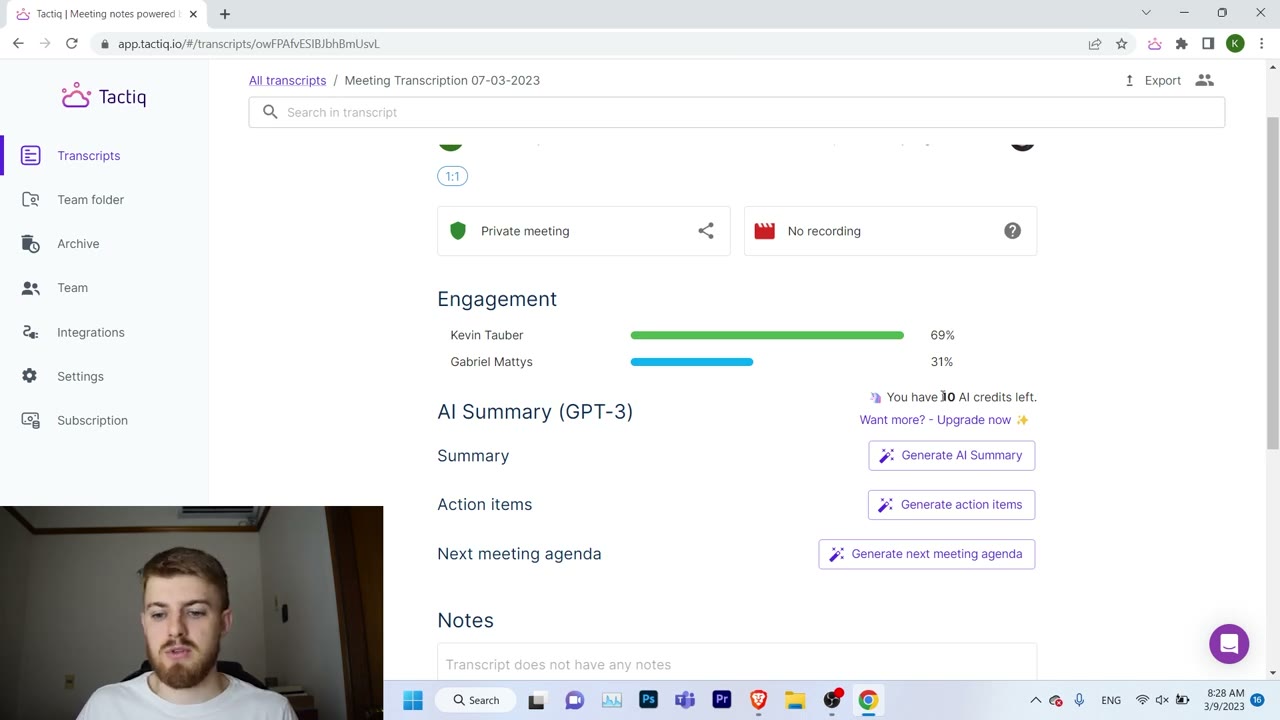 Tactiq post-meeting summary screen with AI-extracted action items, decisions, and a one-click export to Notion or Docs