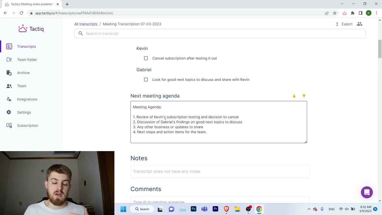 Tactiq Chrome extension overlay on a Google Meet call showing the transcript floating panel and quick-highlight button