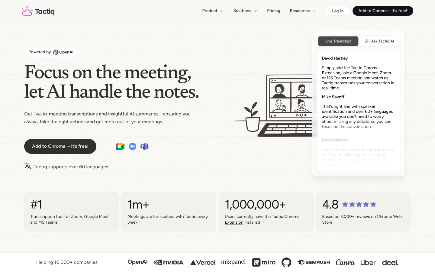 Tactiq Chrome extension showing live transcript overlay on a Google Meet window