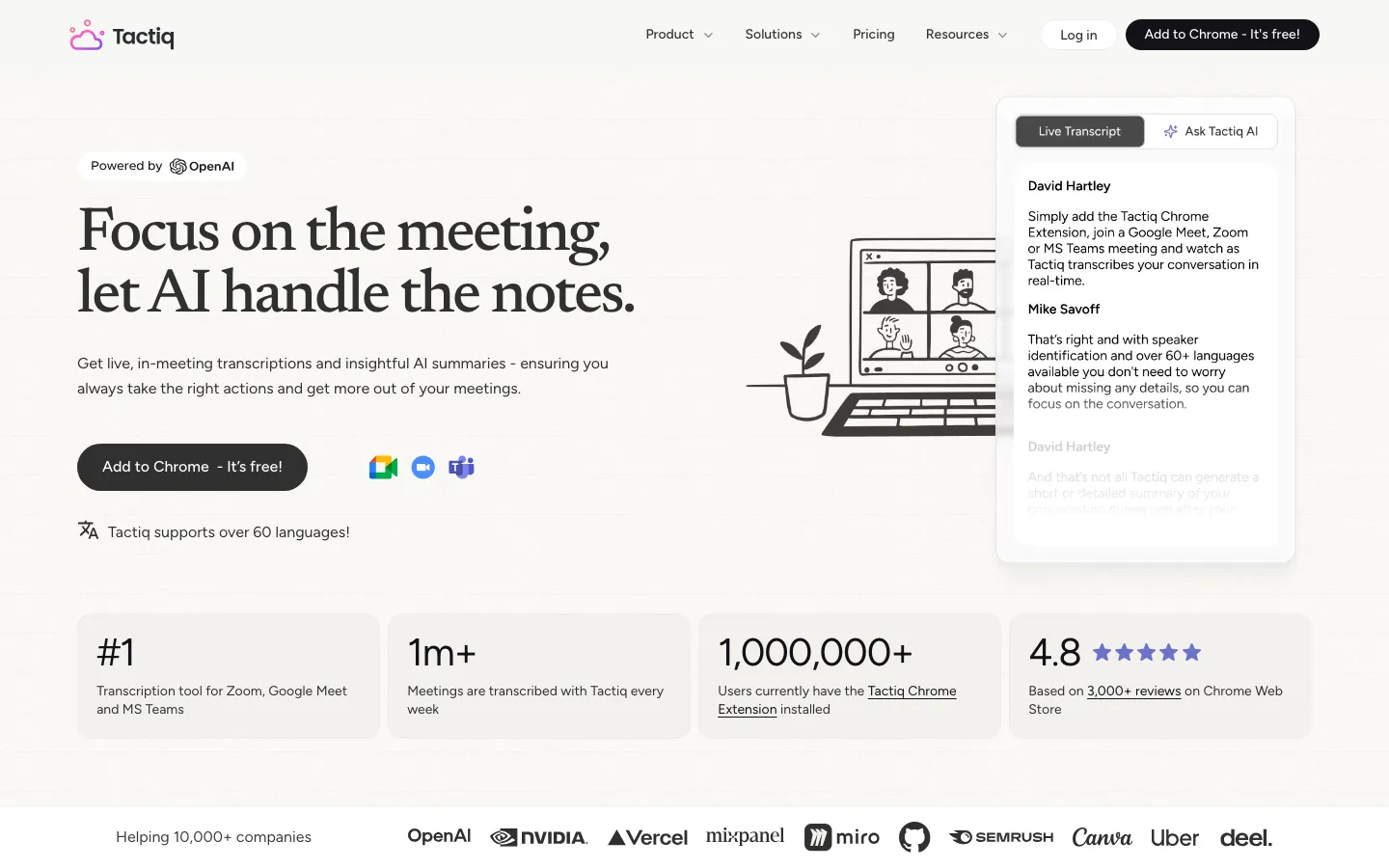 Tactiq Chrome extension showing live transcript overlay on a Google Meet window