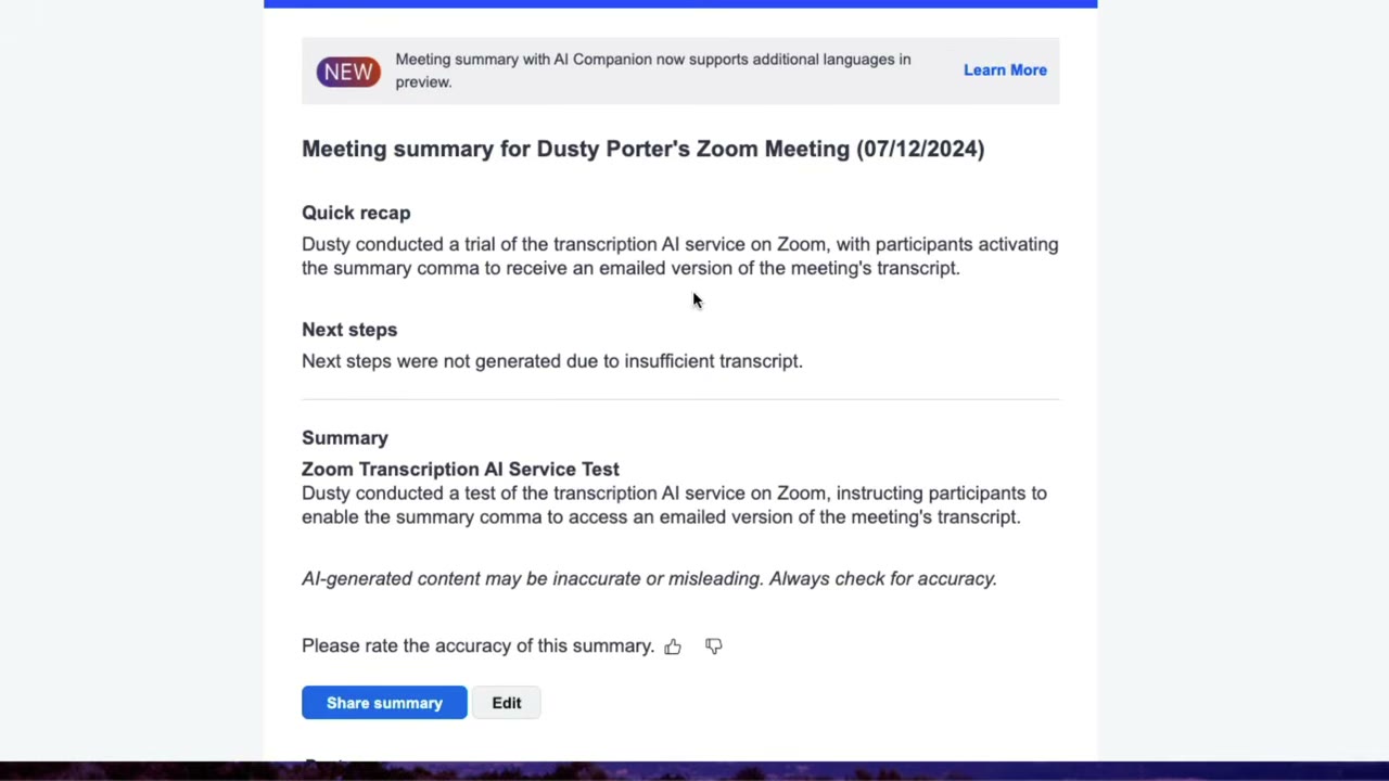Zoom AI Companion action items panel with assignee detection and a one-click copy button for pasting into a project tracker