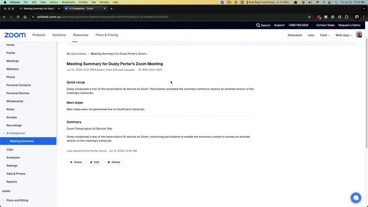 Zoom AI Companion meeting highlights showing key moments with timestamps and a transcript search panel below the recording