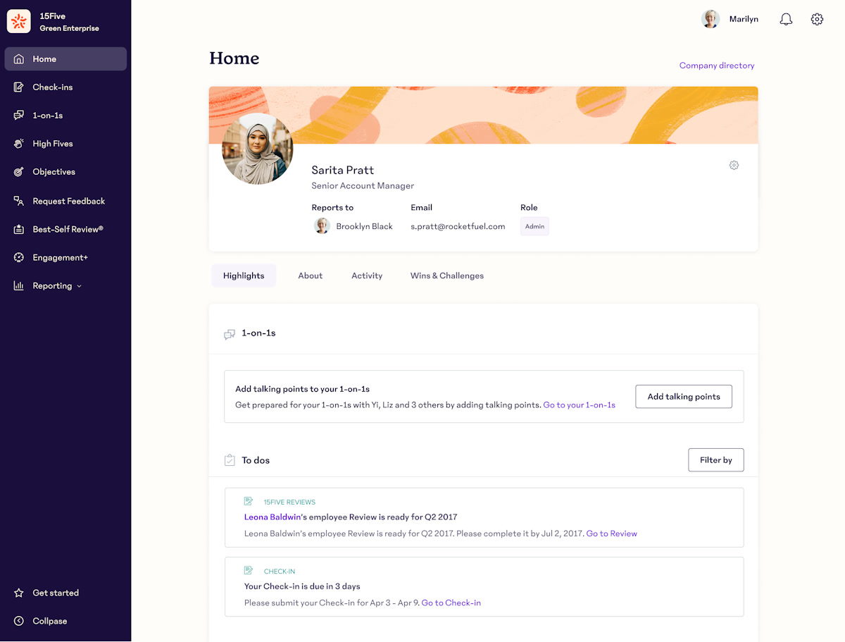 15Five home dashboard showing a team member profile with to-dos and upcoming check-ins