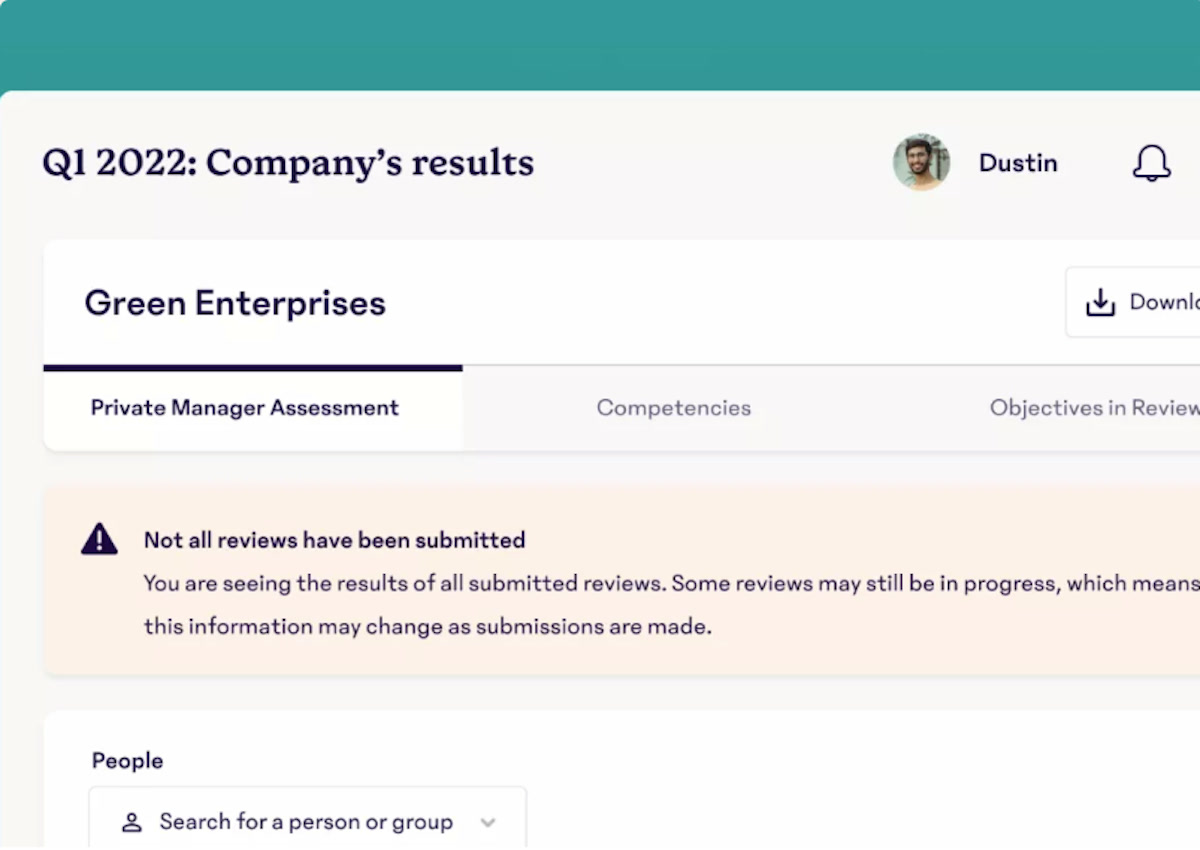 15Five Best-Self Review results summary for a company with competencies and objectives in review